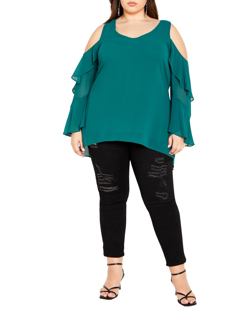 Front of a model wearing a size XXL Hi Lo Cold Shoulder Top in ALPINE by City Chic. | dia_product_style_image_id:352860